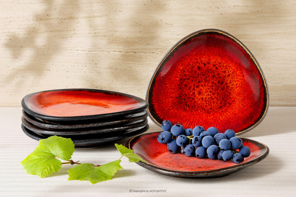 PRIMA Talerz śniadaniowy z ceramiki ręcznie szkliwiony 6 szt. czerwony czerwony - zdjęcie 1