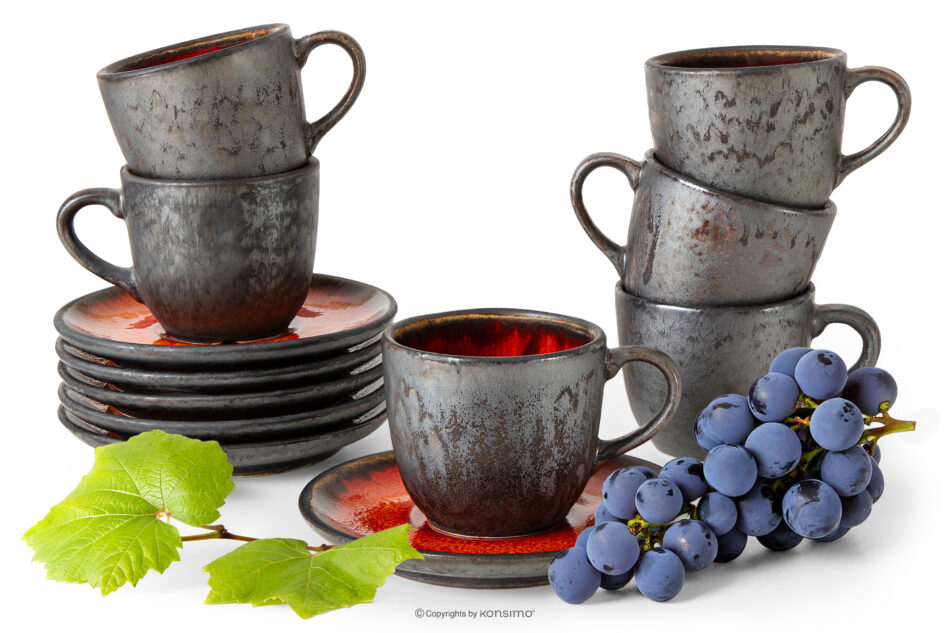 PRIMA Filiżanka do kawy ze spodkiem z ceramiki ręcznie szkliwiony 6 szt. czerwony czerwony - zdjęcie 0