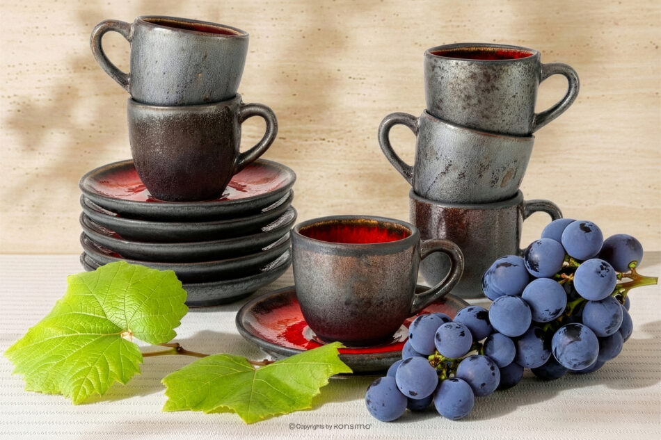 PRIMA Filiżanka do espresso ze spodkiem z ceramiki ręcznie szkliwiony 6 szt. czerwony czerwony - zdjęcie 1