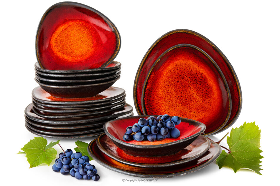 PRIMA Zestaw obiadowy ręcznie szkliwiony 6os. (18 el.) czerwony czerwony - zdjęcie 0