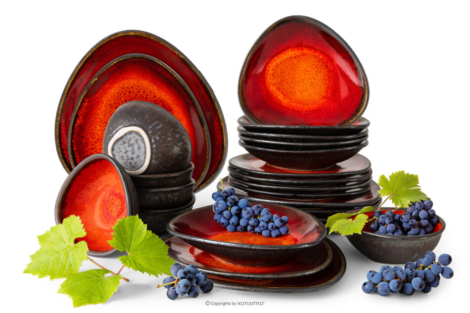 PRIMA Zestaw obiadowy z ceramiki ręcznie szkliwiony 6os. (24 el.) czerwony czerwony - zdjęcie 0