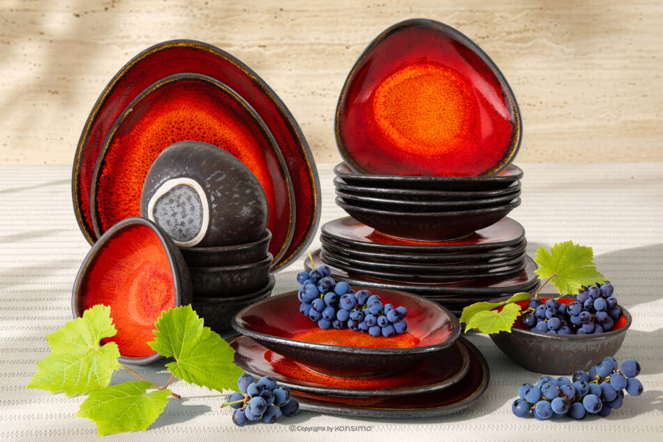 PRIMA Zestaw obiadowy z ceramiki ręcznie szkliwiony 6os. (24 el.) czerwony czerwony - zdjęcie 1