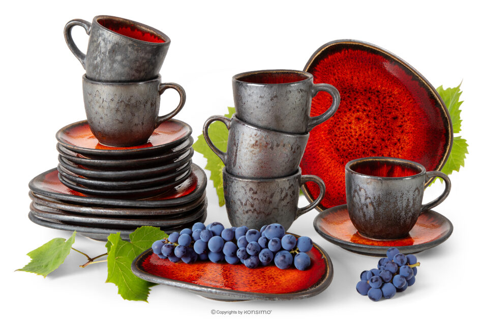 PRIMA Zestaw kawowy ręcznie szkliwiony 6 os. (18 el.) czerwony czerwony - zdjęcie 0