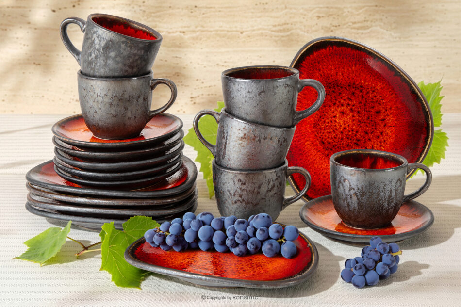 PRIMA Zestaw kawowy ręcznie szkliwiony 6 os. (18 el.) czerwony czerwony - zdjęcie 1