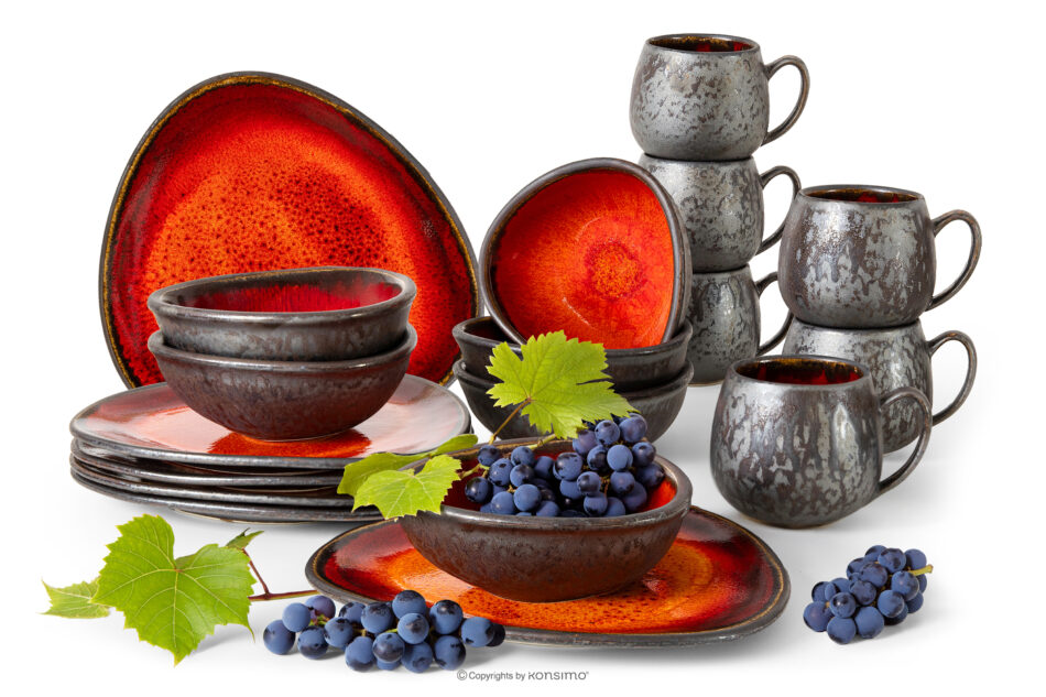 PRIMA Zestaw śniadaniowy ręcznie szkliwiony 6 os. (18 el.) czerwony czerwony - zdjęcie 0