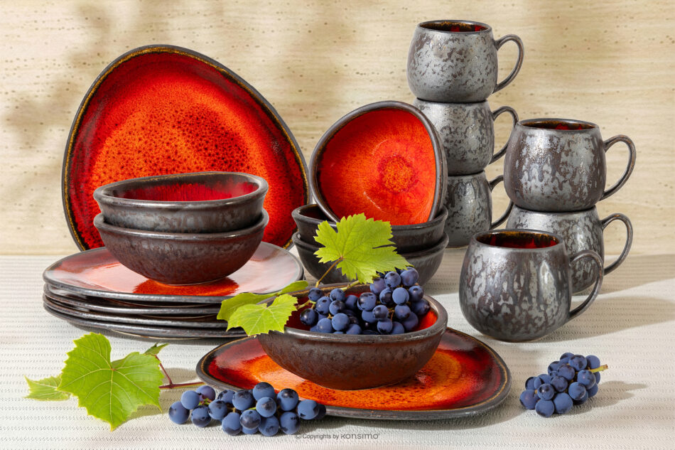 PRIMA Zestaw śniadaniowy ręcznie szkliwiony 6 os. (18 el.) czerwony czerwony - zdjęcie 1