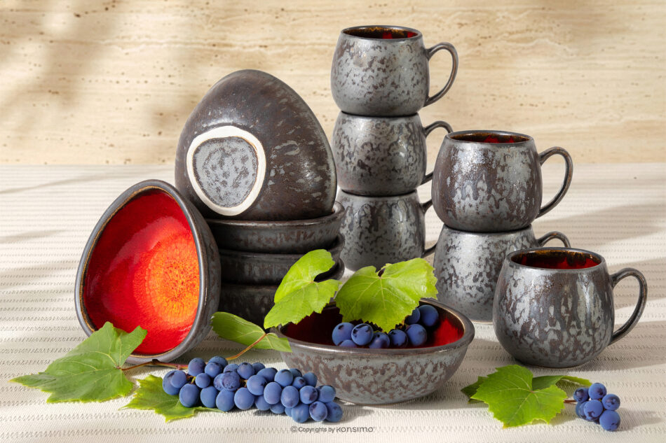 PRIMA Zestaw śniadaniowy loft ręcznie szkliwiony 6 os. (12 el.) czerwony czerwony - zdjęcie 1