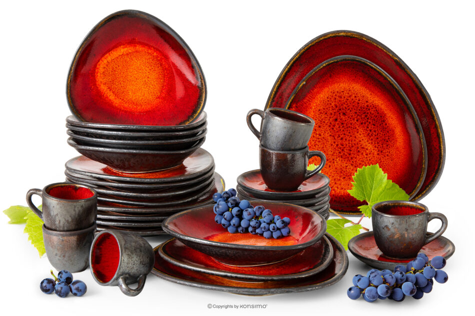 PRIMA Zestaw obiadowo-kawowy ręcznie szkliwiony 6 os. (30 el.) czerwony czerwony - zdjęcie 0