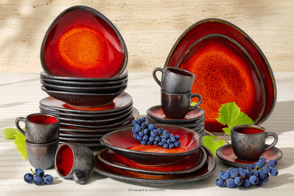 PRIMA Zestaw obiadowo-kawowy ręcznie szkliwiony 6 os. (30 el.) czerwony czerwony - zdjęcie 1