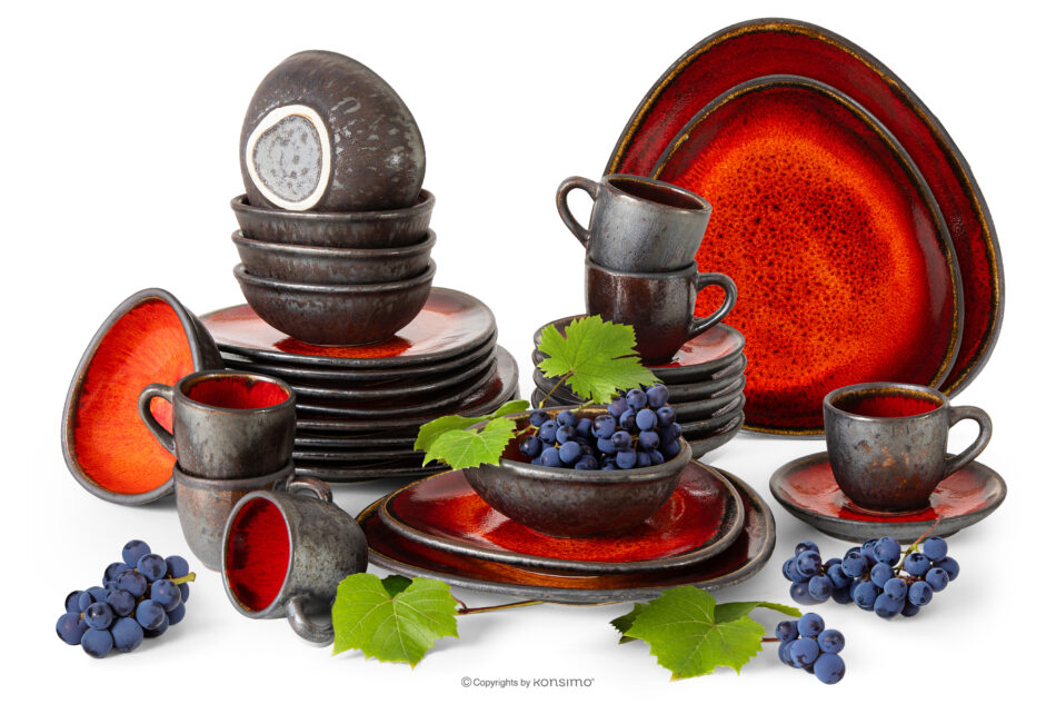 PRIMA Zestaw obiadowo-kawowy z ceramiki ręcznie szkliwiony 6 os. (30 el.) czerwony czerwony - zdjęcie 0