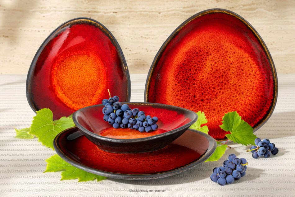 PRIMA Zestaw obiadowy ręcznie szkliwiony dla 2 osób (4 el.) czerwony czerwony - zdjęcie 1