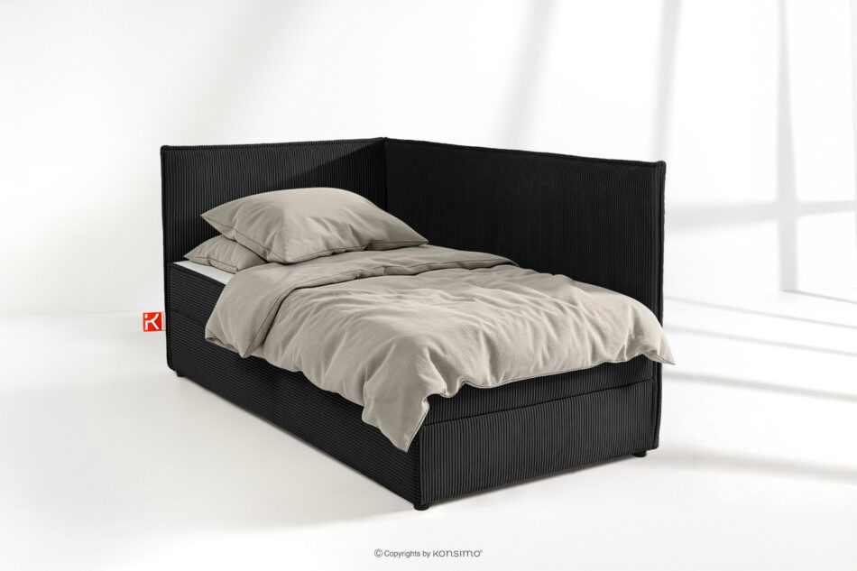 ROTI Łóżko z oparciem w tkaninie sztruks 90 cm czarny czarny - zdjęcie 1