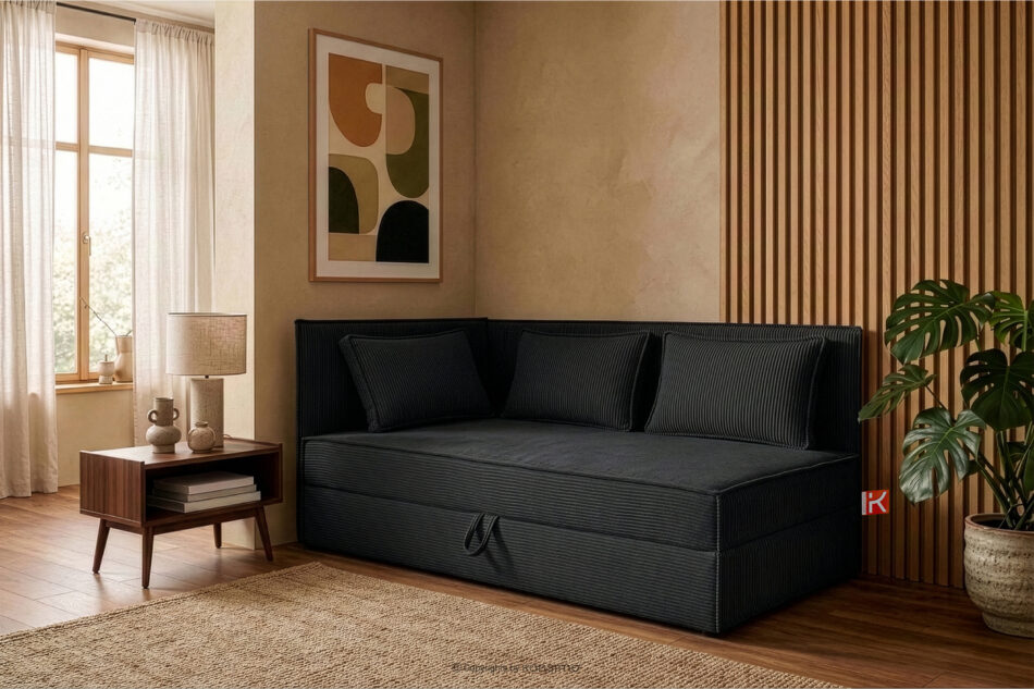 ROTI Łóżko z oparciem w tkaninie sztruks 90 cm czarny czarny - zdjęcie 12