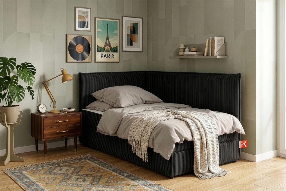 ROTI Łóżko z oparciem w tkaninie sztruks 90 cm czarny czarny - zdjęcie 13