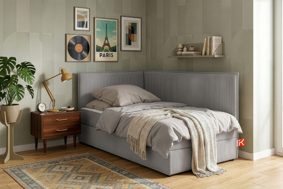 ROTI Łóżko z oparciem w tkaninie sztruks 90 cm jasny szary jasny szary - zdjęcie 13