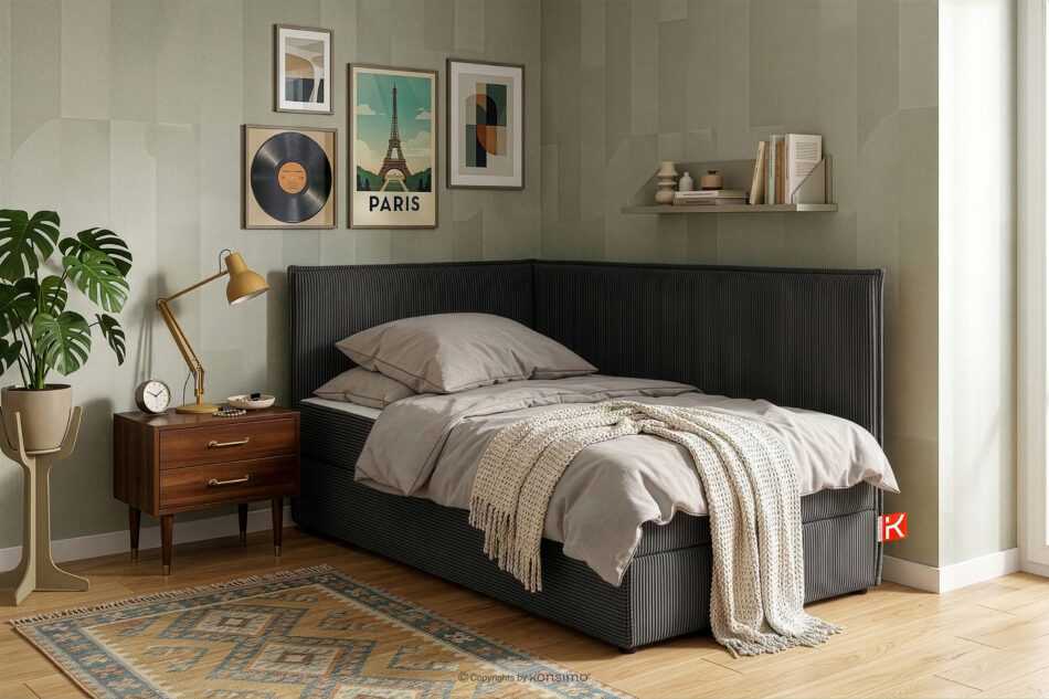 ROTI Łóżko z oparciem w tkaninie sztruks 90 cm ciemny szary ciemny szary - zdjęcie 13