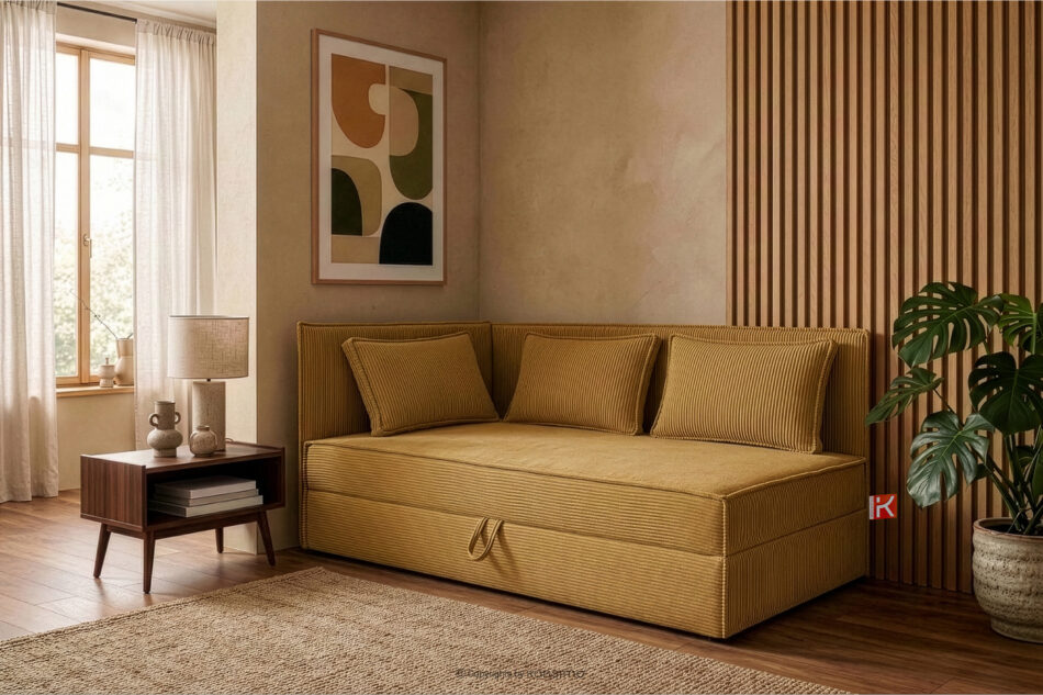 ROTI Łóżko z oparciem w tkaninie sztruks 90 cm żółty żółty - zdjęcie 12