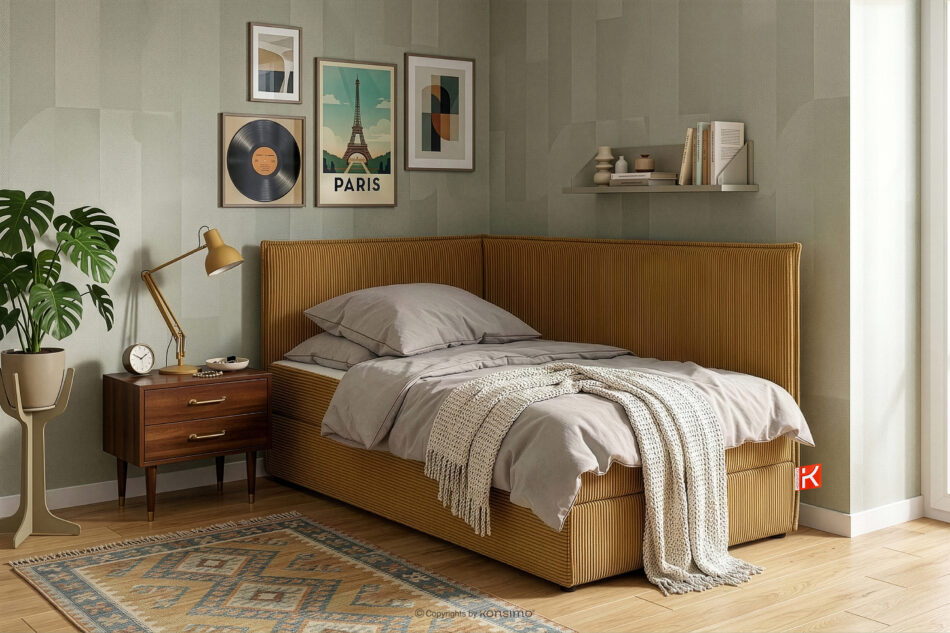 ROTI Łóżko z oparciem w tkaninie sztruks 90 cm żółty żółty - zdjęcie 13