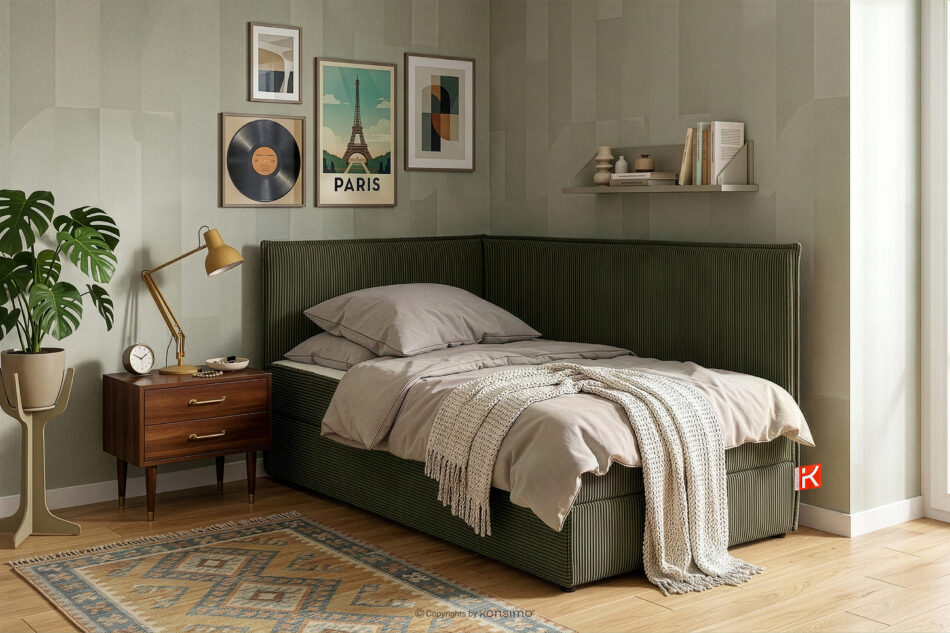 ROTI Łóżko z oparciem w tkaninie sztruks 90 cm oliwkowy oliwkowy - zdjęcie 13