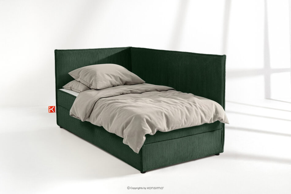 ROTI Łóżko 90 cm dla nastolatka z oparciem w tkaninie sztruks ciemny zielony ciemny zielony - zdjęcie 1