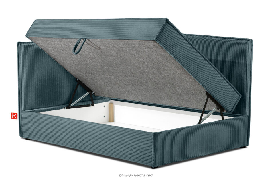 ROTI Łóżko 90 cm dla nastolatka z oparciem w tkaninie sztruks niebieski niebieski - zdjęcie 4
