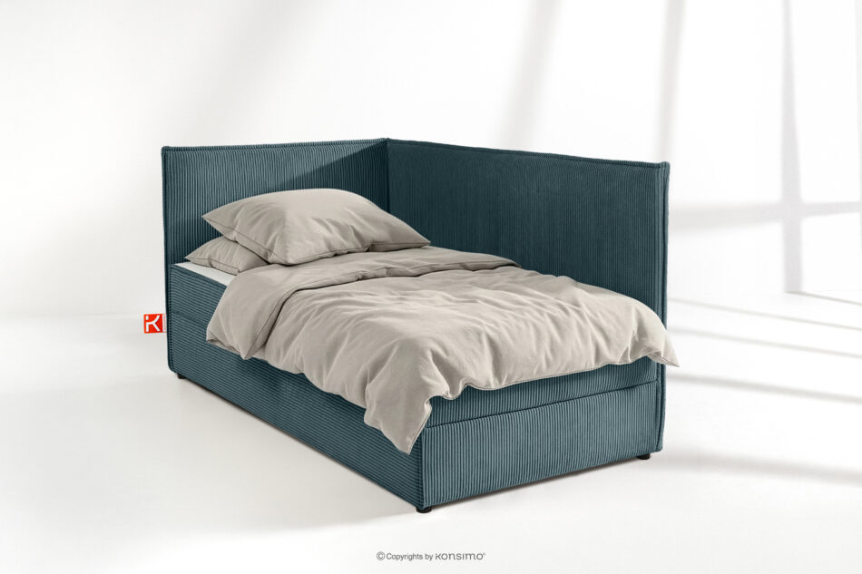 ROTI Łóżko 90 cm dla nastolatka z oparciem w tkaninie sztruks niebieski niebieski - zdjęcie 1