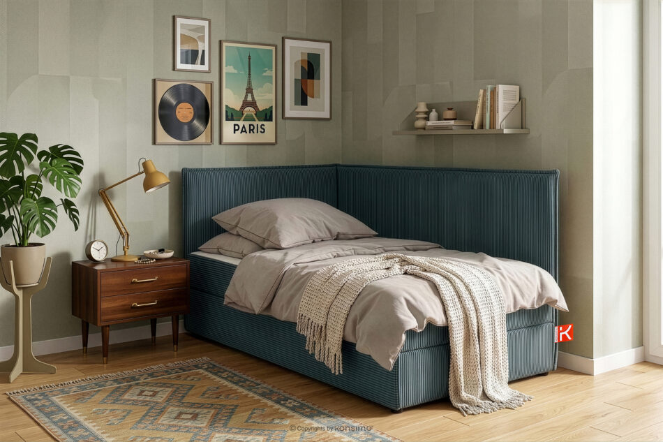 ROTI Łóżko 90 cm dla nastolatka z oparciem w tkaninie sztruks niebieski niebieski - zdjęcie 13