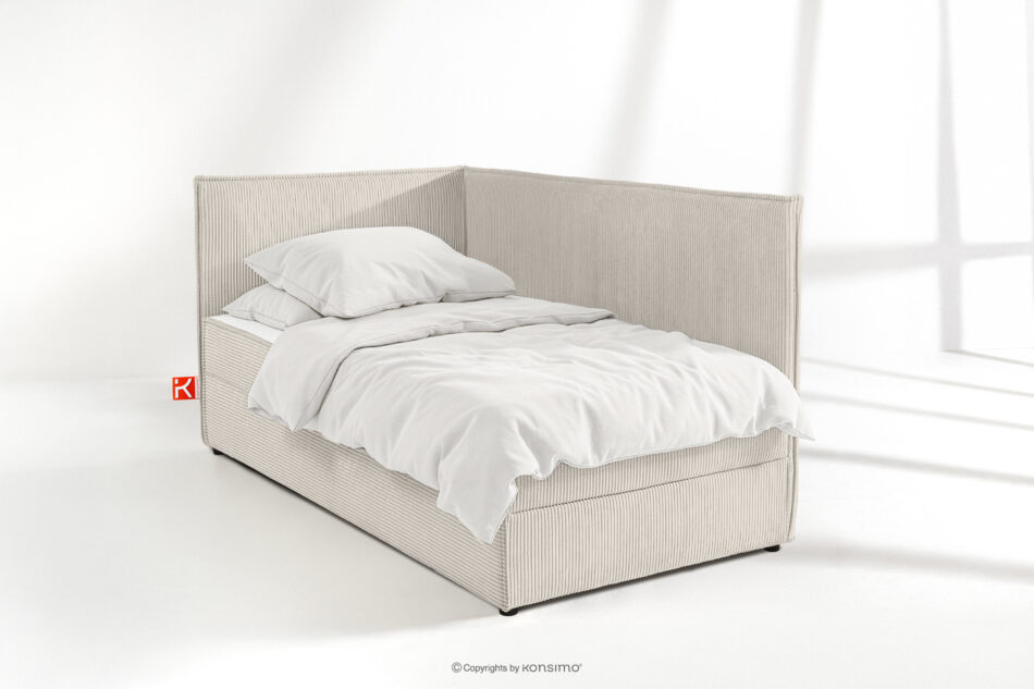 ROTI Łóżko 90 cm dla nastolatka z oparciem w tkaninie sztruks kremowy kremowy - zdjęcie 1