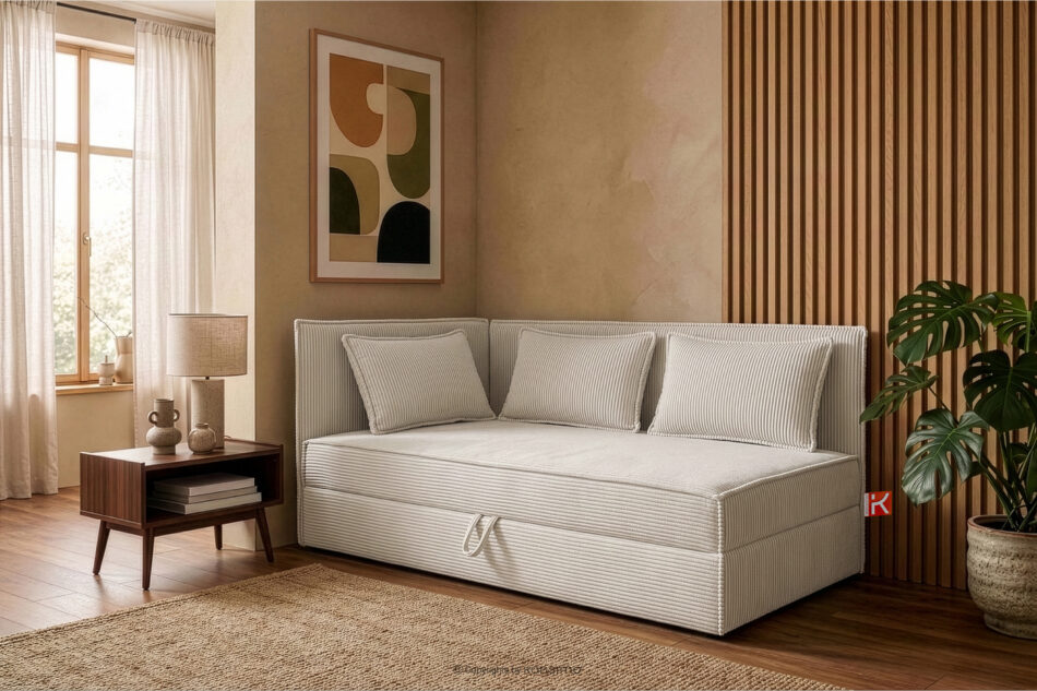 ROTI Łóżko 90 cm dla nastolatka z oparciem w tkaninie sztruks kremowy kremowy - zdjęcie 12