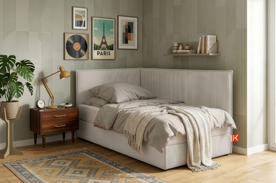 ROTI Łóżko 90 cm dla nastolatka z oparciem w tkaninie sztruks kremowy kremowy - zdjęcie 13