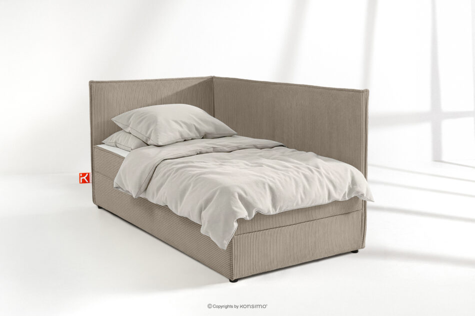 ROTI Łóżko 90 cm dla nastolatka z oparciem w tkaninie sztruks beżowy beżowy - zdjęcie 1