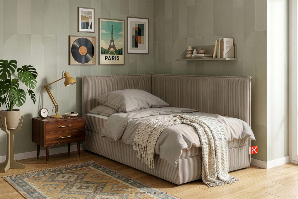 ROTI Łóżko 90 cm dla nastolatka z oparciem w tkaninie sztruks beżowy beżowy - zdjęcie 13