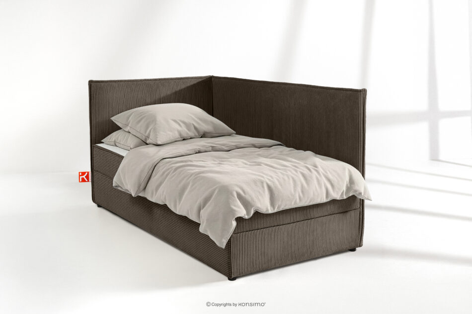 ROTI Łóżko 90 cm dla nastolatka z oparciem w tkaninie sztruks brązowy brązowy - zdjęcie 1