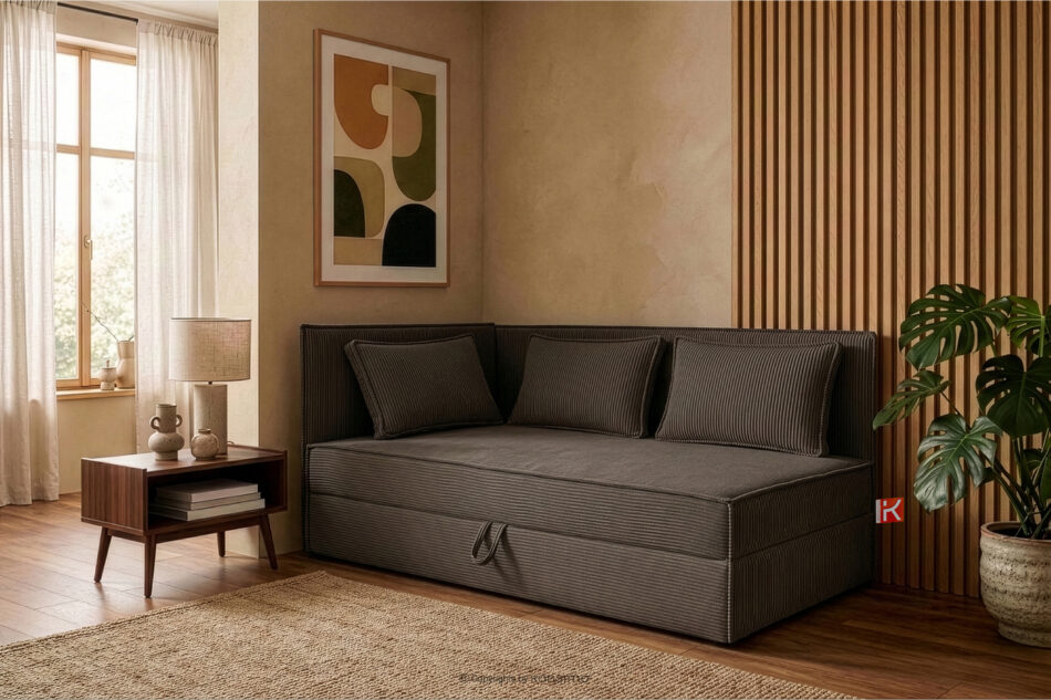 ROTI Łóżko 90 cm dla nastolatka z oparciem w tkaninie sztruks brązowy brązowy - zdjęcie 12