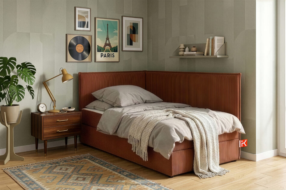 ROTI Łóżko 90 cm z oparciem w tkaninie sztruks rudy rudy - zdjęcie 13