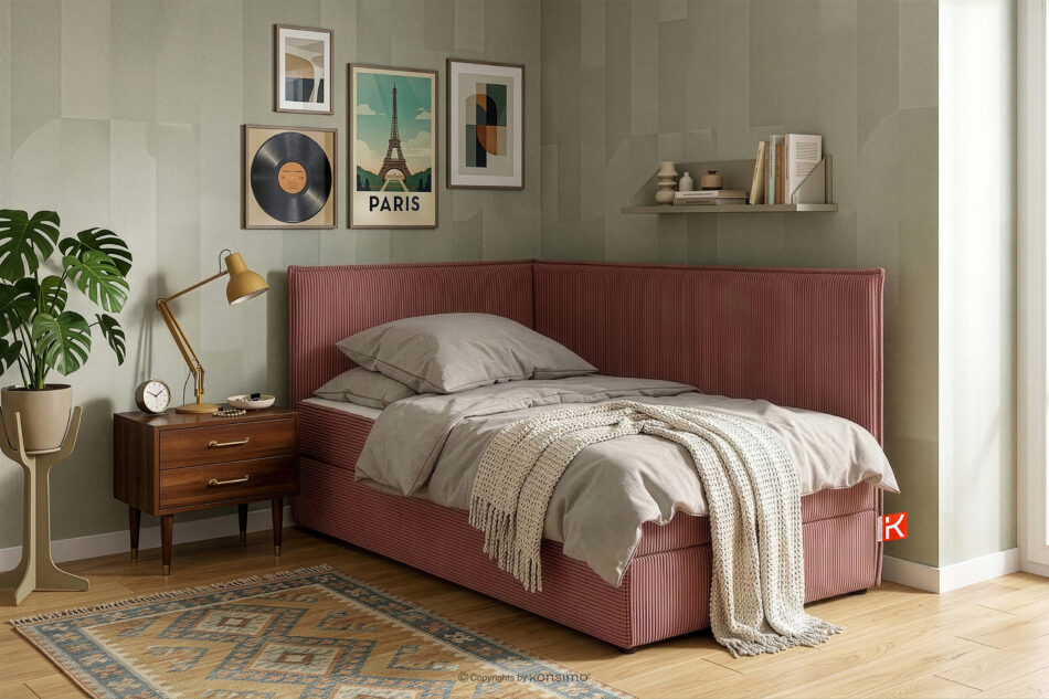 ROTI Łóżko 90 cm z oparciem w tkaninie sztruks różowy różowy - zdjęcie 13