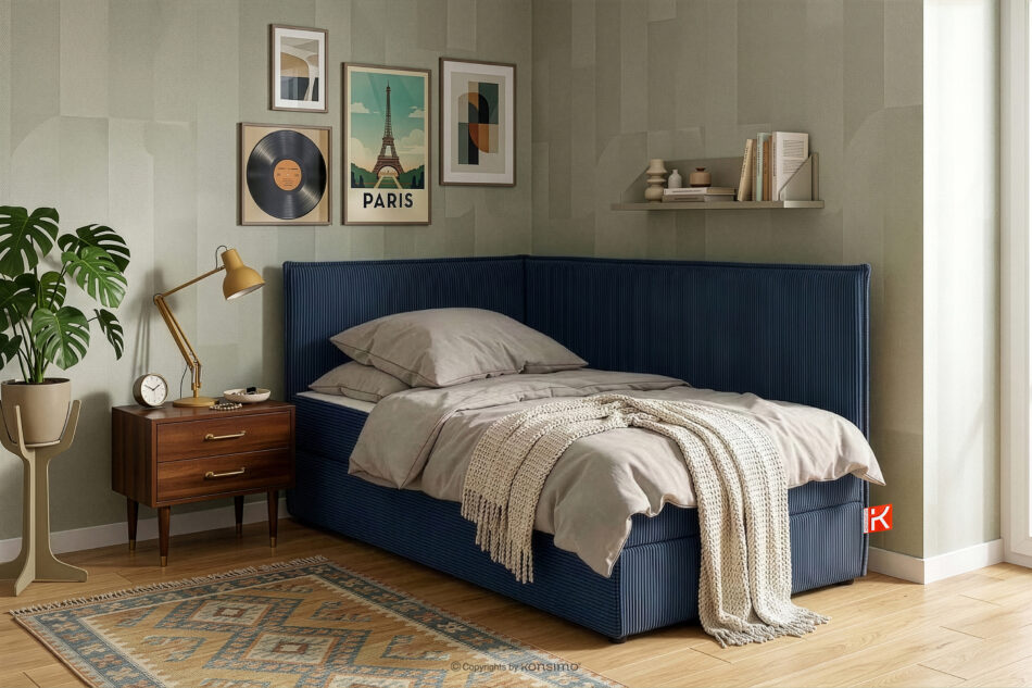 ROTI Łóżko 90 cm z oparciem w tkaninie sztruks granatowy granatowy - zdjęcie 13
