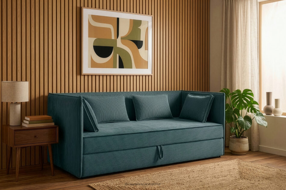 ROTI Łóżko dla nastolatka typu sofa w tkaninie sztruks 90 cm niebieski niebieski - zdjęcie 12