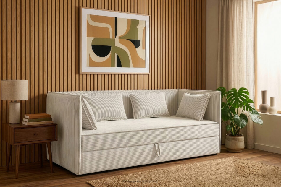 ROTI Łóżko dla nastolatka typu sofa w tkaninie sztruks 90 cm kremowy kremowy - zdjęcie 12
