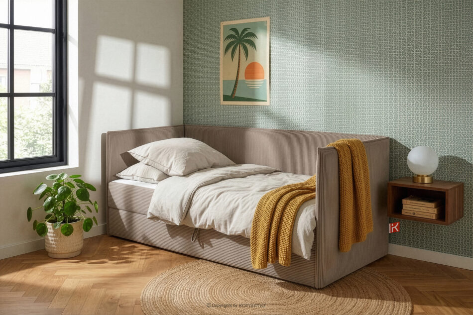 ROTI Łóżko dla nastolatka typu sofa w tkaninie sztruks 90 cm beżowy beżowy - zdjęcie 13