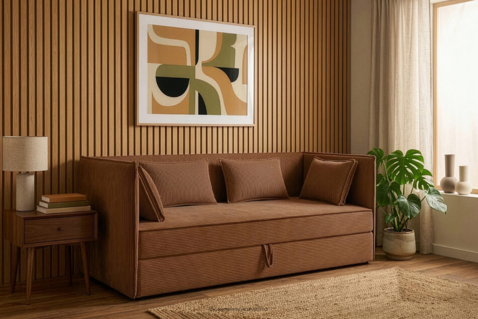 ROTI Łóżko z oparciem typu sofa w tkaninie sztruks 90 cm rudy rudy - zdjęcie 12