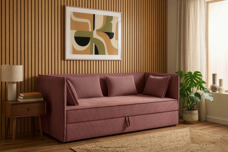 ROTI Łóżko z oparciem typu sofa w tkaninie sztruks 90 cm różowy różowy - zdjęcie 12