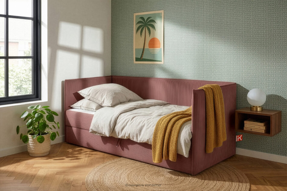 ROTI Łóżko z oparciem typu sofa w tkaninie sztruks 90 cm różowy różowy - zdjęcie 13