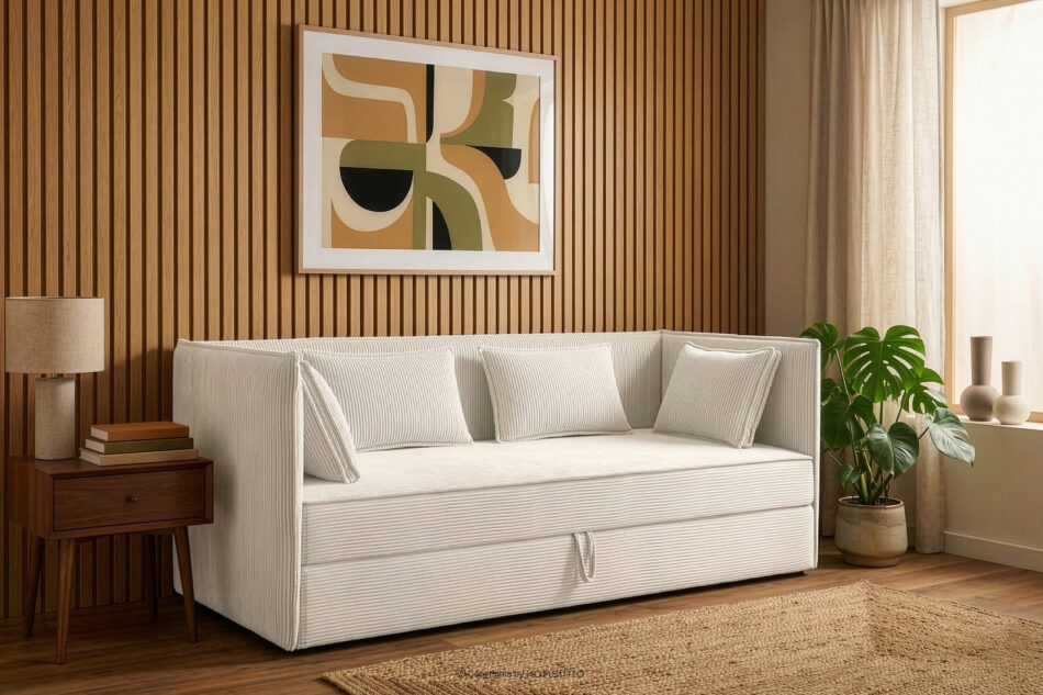 ROTI Łóżko z oparciem typu sofa w tkaninie sztruks 90 cm ecru ecru - zdjęcie 12