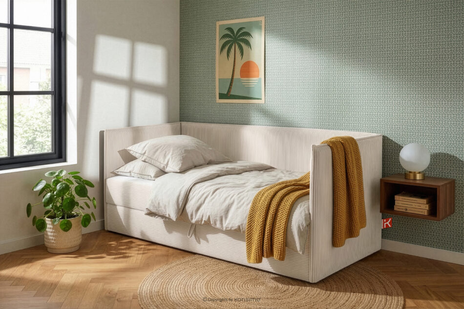 ROTI Łóżko z oparciem typu sofa w tkaninie sztruks 90 cm ecru ecru - zdjęcie 13