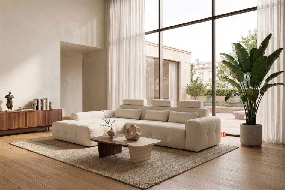 ALIGRA Narożnik z pikowaniem w tkaninie szenilowej lewy jasny beżowy jasny beżowy - zdjęcie 15