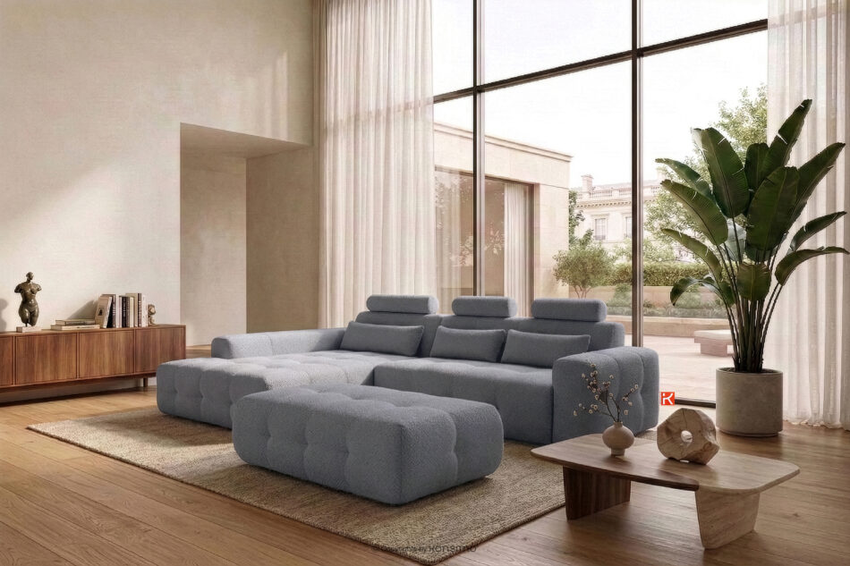 ALIGRA Zestaw mebli do salonu narożnik lewy i puf w kaninie szenil z pikowaniem szary szary - zdjęcie 22