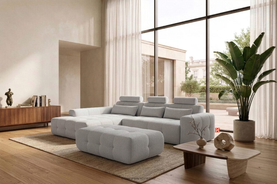 ALIGRA Zestaw mebli do salonu narożnik lewy i puf w kaninie szenil z pikowaniem jasny szary jasny szary - zdjęcie 22