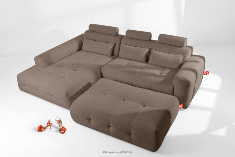 ALIGRA Zestaw mebli do salonu narożnik lewy i puf w kaninie szenil z pikowaniem brązowy brązowy - zdjęcie 1