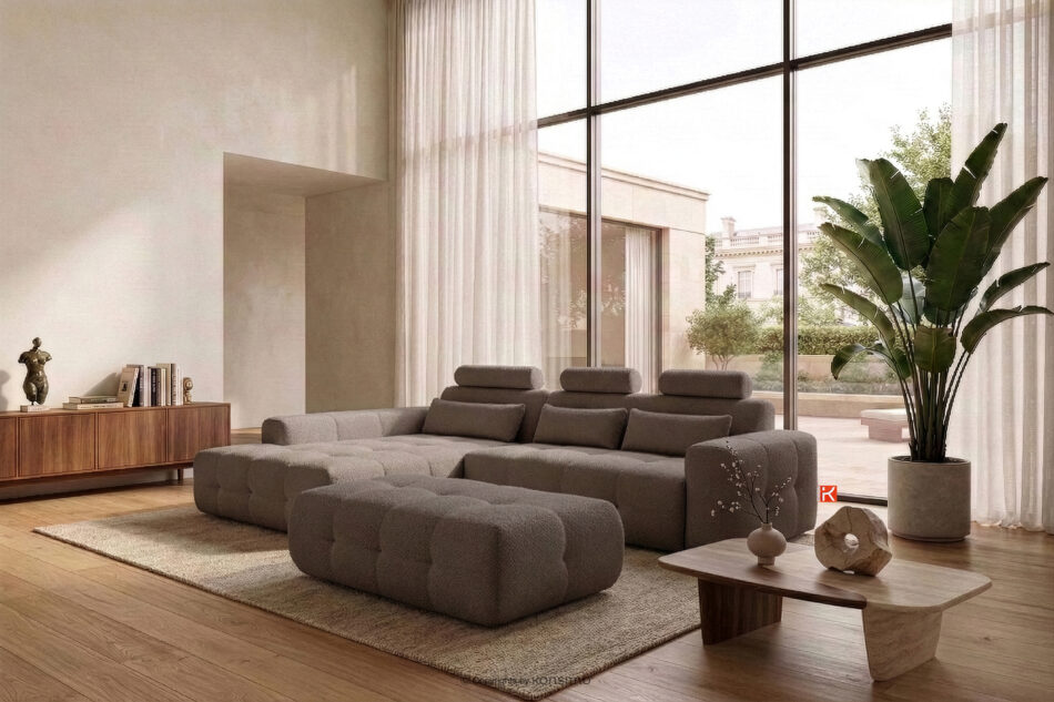 ALIGRA Zestaw mebli do salonu narożnik lewy i puf w kaninie szenil z pikowaniem brązowy brązowy - zdjęcie 22